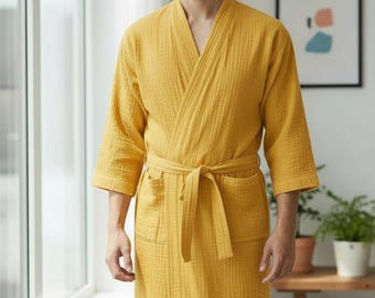 Linen Men's Kimono Robe – Lightweight Spa Kaftan, Handmade