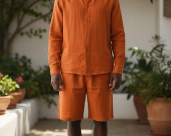 Men's.orange Linen Kaftan Set: Handmade Tunic & Pants - Loungewear Thobe