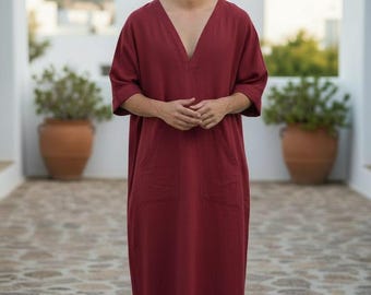 Men's maroon Handmade Linen Kaftan: Long Sleeve Moroccan Loungewear Robe