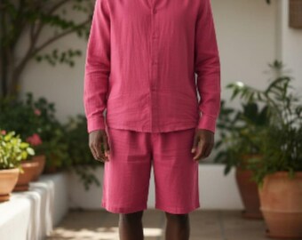 Men's Linen Kaftan Set: Handmade Tunic & Pants - Loungewear Thobe