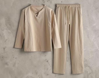 Men's Beige Linen Kaftan Set - Handmade Tunic & Pants - Linen Co-ord - Loungewear Shirt Trousers