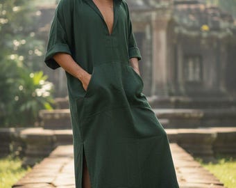 Dark Green Linen Hooded Kaftan: Greek Style Men's Robe