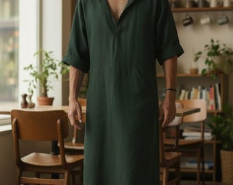 Men's Handmade Hood Linen Kaftan: Long Sleeve Moroccan Loungewear Robe
