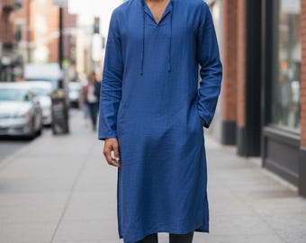 Men's Pakistani Linen Kaftan: Long Sleeve Moroccan Loungewear Robe