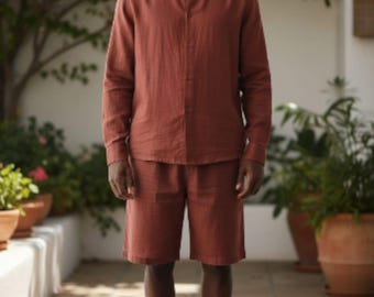 Men's Linen Kaftan Set: Handmade Tunic & Pants - Loungewear Thobe