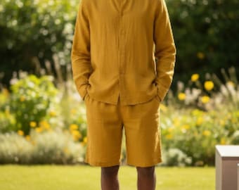 Men's Linen Kaftan Set: Handmade Tunic & Pants - Loungewear Thobe
