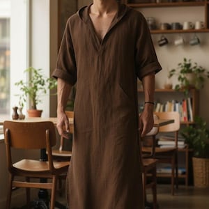 Herrkaftan i linne | Lång tunika med avslappnad passform | Lätt sommarstrandkläder | Bohemisk minimalistisk kaftan
