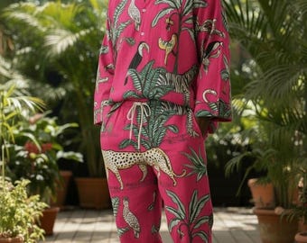 Pink printed Kaftan Set - Handmade Tunic & Pants - cotton soft Co-ord - Loungewear Shirt Trousers