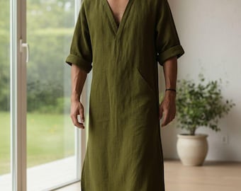 Men's Handmade Linen Kaftan: Long Sleeve Moroccan Loungewear Robe