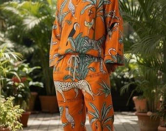 Handmade printed Kaftan Set - Handmade Tunic & Pants - cotton soft Co-ord - Loungewear Shirt Trousers