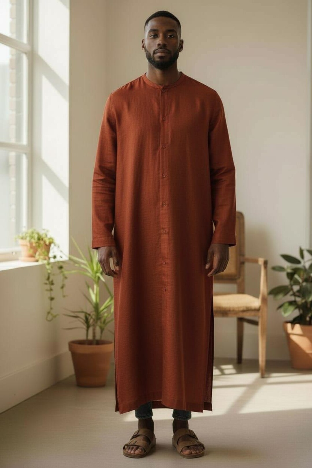 Pakistan Mechanic Robe Men's Pakistan Handmade Linen Kaftan: Long Sleeve Moroccan Loungewear ...