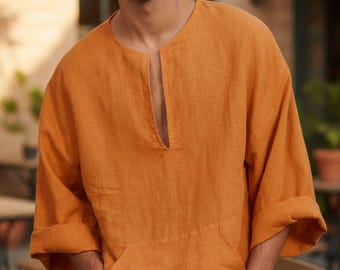 Men's Handmade Linen Kaftan: Moroccan Tunic Top