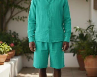 Mens Linen Kaftan Set: Handmade Tunic & Pants - Loungewear Thobe