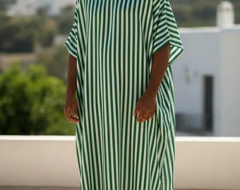 Dark green Striped cotton printed Kaftan: Long Sleeve Moroccan Robe, Light Summer Wear
