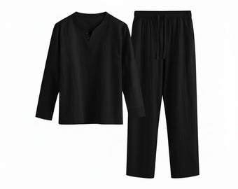 Black Linen Kaftan Set – Men's Tunic and Pants Loungewear