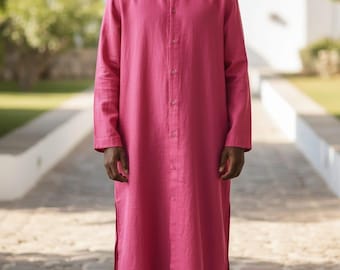 Men's tunic Handmade Linen Kaftan: Long Sleeve Moroccan Loungewear Robe