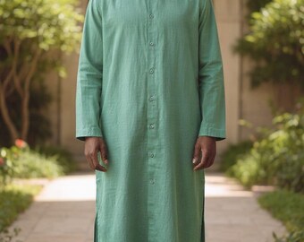 Men's tunic Handmade Linen Kaftan: Long Sleeve Moroccan Loungewear Robe