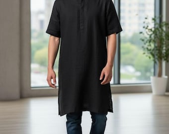 Mens Black Linen Kaftan: Full Sleeve Moroccan Loungewear kaftan