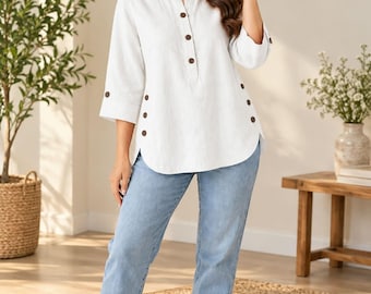 Women's Linen tunic Button Front Tunic, 3/4 Sleeve Minimalist Casual Blouse