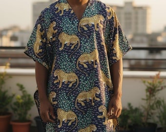 Men's Handmade printed Kaftan: short Sleeve Moroccan  short wear Robe
