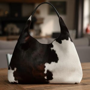 Könnte beinhalten: Eine große Schultertasche aus Kuhfell mit einem schwarzen Ledergriff. Die Tasche hat ein natürliches Muster aus schwarzen, braunen und weißen Flecken. Die Tasche steht auf einem Holztisch.