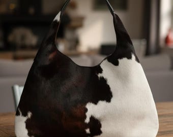 Cow Print Leather Hobo Bag – Genuine Cowhide Shoulder Handbag | Dark Brown & White Western Style Tote Purse