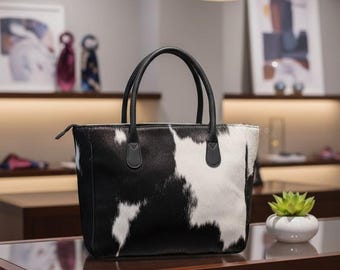 Black & White Cowhide Tote Bag – Genuine Leather Handbag