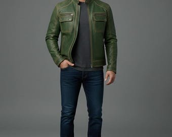 Jaqueta masculina de couro de cordeiro verde – estilo motociclista vintage