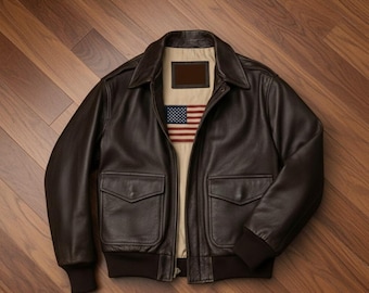 Chaqueta de aviador A-2 de cuero marrón oscuro para hombre: estilo bombardero vintage de la Segunda Guerra Mundial
