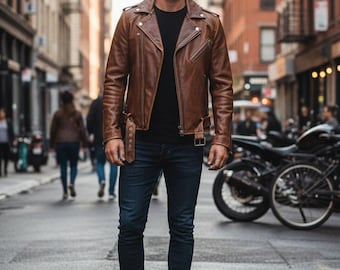 Men’s Brown Distressed Leather Biker Jacket – Vintage Moto Style