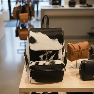 May include: A black and white cowhide backpack with a flap closure and a front zippered pocket. The backpack has a top handle and adjustable straps. Other leather bags are visible in the background.