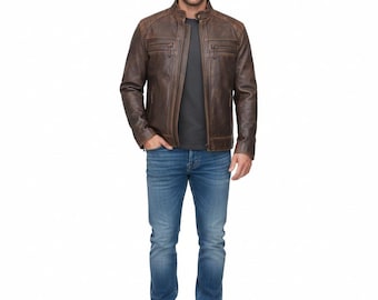 Men’s Quilted Brown Distressed Leather Jacket – Cafe Racer Motorcycle Biker Jacket