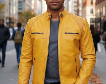 Men’s Genuine Leather Cafe Racer Jacket – Diamond Quilted Biker Jacket