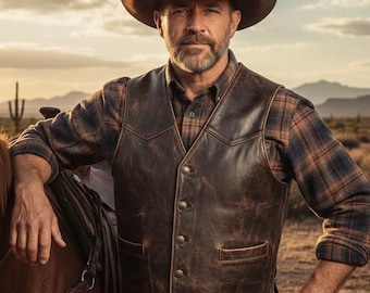 Handmade Distressed Brown Leather Western Vest – Cowboy Ranch Waistcoat