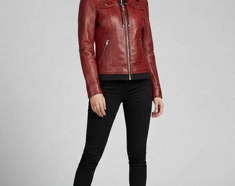 Giacca da motociclista in pelle marrone - Cappotto da motociclista slim fit da donna con cappuccio rimovibile