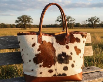 Handmade Cowhide Tote Bag – Western Hair-On Hide Leather Shoulder Bag