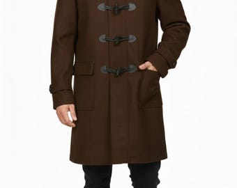 Trenca de mezcla de lana marrón para hombre – Abrigo con capucha y botones