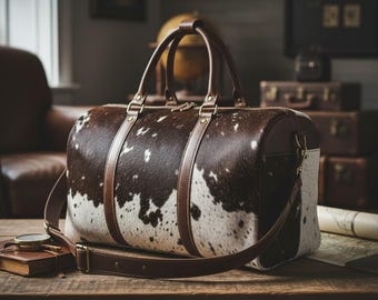 May include: A brown and white cowhide duffel bag with brown leather straps and handles. The bag has a zippered top and a detachable shoulder strap. The bag is sitting on a wooden table.
