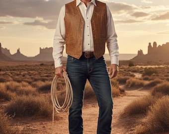 Men’s Lambskin Leather Western Vest – Vintage Cowboy Style Waistcoat