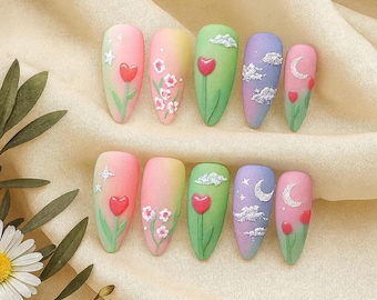 Flower Favorite | Tulip Pastel Press On Nails: Handmade Floral Spring Nail Art, Reusable - High Quality - Customize - Personalize