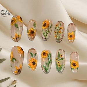 Blomsterälskare Set | 3D Solros Press On Nagel: Transparent Blommig, Elegant utseende, Hög kvalitet Handmålad, Anpassa, Personifiera, Återanvändbar