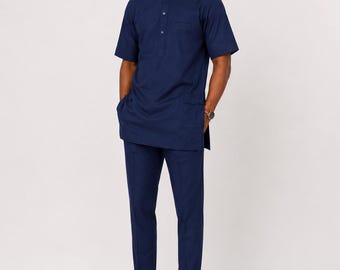 Men Senator 2 Piece Set | African Men Outfit | Short Sleeve Kaftan Set | Luxury Traditional Men Wear | Matching Trouser Set