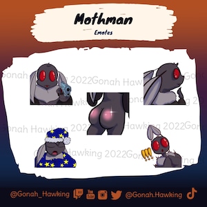 Op de afbeelding: Een set van vier digitale illustraties met een mothman-personage in verschillende poses. De mothman is afgebeeld met grote, rode ogen, een grijs lichaam en harige vleugels. De illustraties omvatten de mothman die een pistool vasthoudt, met zijn kont naar buiten, een blauwe en witte pyjama draagt en een verraste uitdrukking heeft.