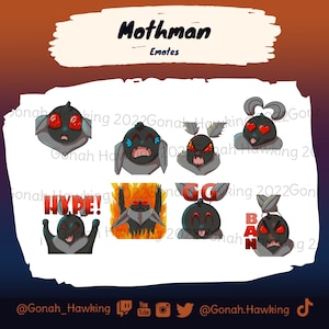 Op de afbeelding: Een set van acht digitale emoticons met een cartoon-motman met verschillende uitdrukkingen, waaronder hype, huilen, boos en verliefd. De emoticons zijn in een zwart-rode kleurschema en zijn gelabeld met de tekst "Mothman Emotes".