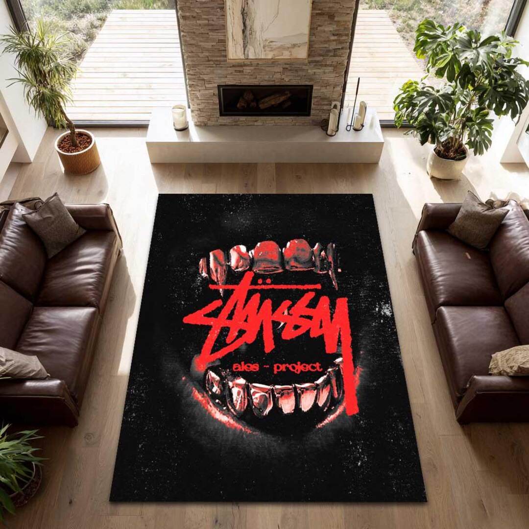 Red Stussy Style Graffiti Rug, Grunge Teeth Artwork Carpet, Dark ...