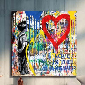 Banksy Kid Love is the Answer Toile carrée graffiti graffiti Art Banksy, Art Banksy, Love Graffiti, Art mural street graffiti, cadeau de Noël d'amour