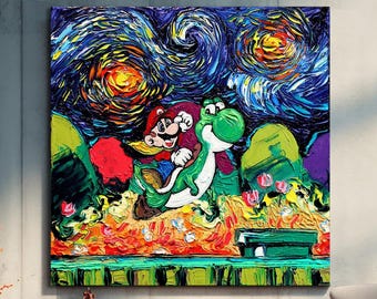 Super Mario Starry Night Art, Van Gogh Style Mario & Yoshi Canvas, Retro Nintendo Poster, Framed Gamer Decor, Mushroom Kingdom Wall Art