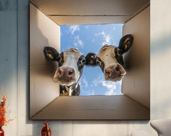 Two Cows Sticking Heads in Box Canvas Print, Fun Cow Artwork, Playful Farm Animal Canvas, Unique Wall Decor for Home or Office