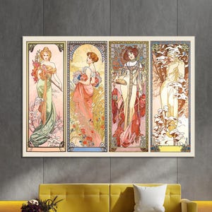 Alphonse Mucha Four Seasons Canvas Art Set, Art Nouveau Reproduction, Vintage Goddess Illustration Print, Elegant French Decor