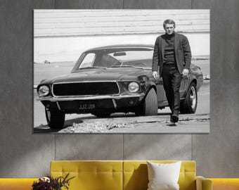 Steve McQueen Ford Mustang Bullitt Movie - Stampa artistica su tela con cornice